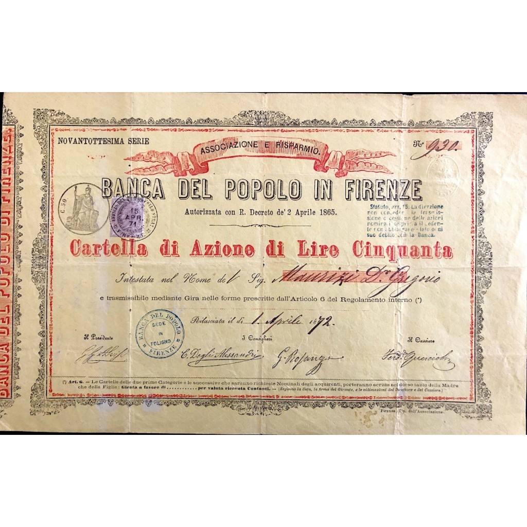 1872 - BANCA DEL POPOLO IN FIRENZE 98° SERIE