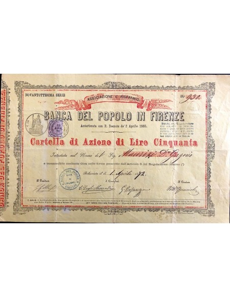 1872 - BANCA DEL POPOLO IN FIRENZE 98° SERIE
