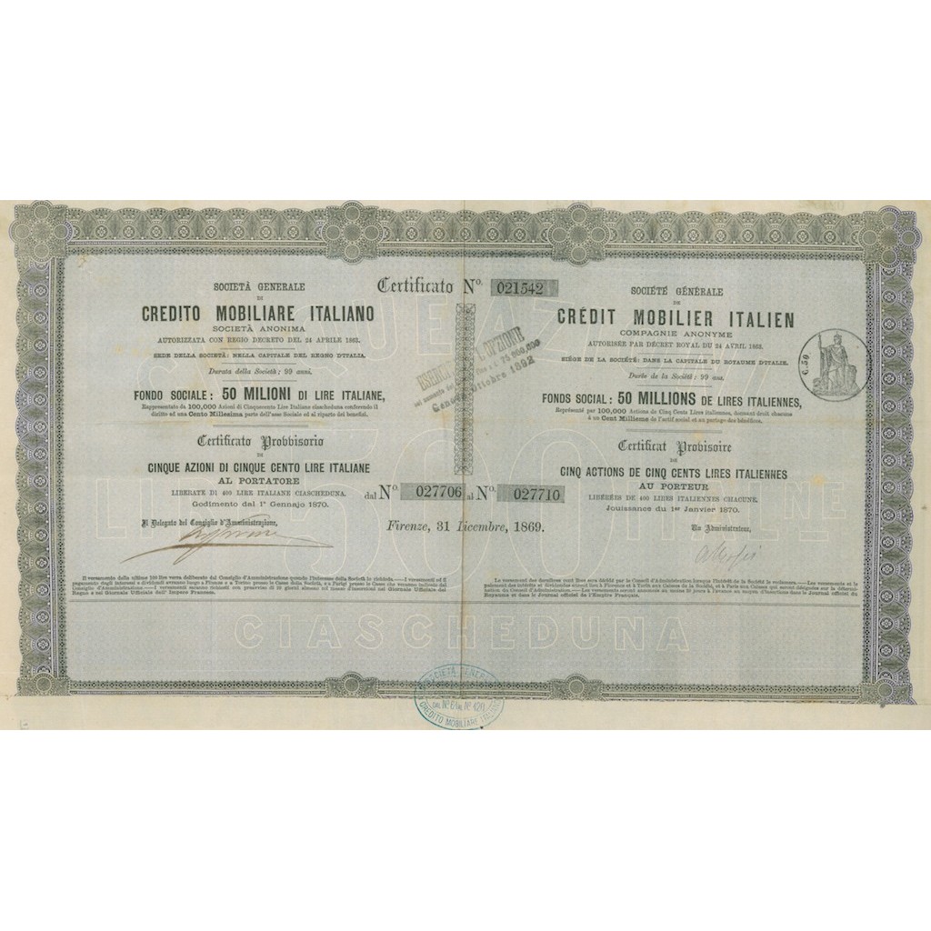 SOC. GENERALE DI CREDITO MOBILIARE ITALIANO 5 AZIONI FIRENZE 1869