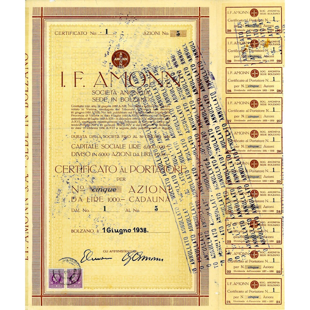 1938 - J.F. AMMON 5 AZIONI - BOLZANO