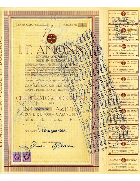 1938 - J.F. AMMON 5 AZIONI - BOLZANO