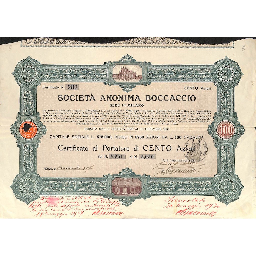 SOC. ANONIMA BOCCACCIO - 100 AZIONi - MILANO 1927
