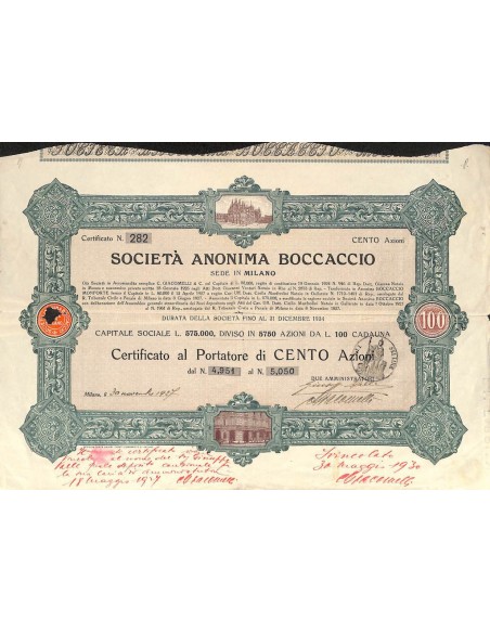 SOC. ANONIMA BOCCACCIO - 100 AZIONi - MILANO 1927