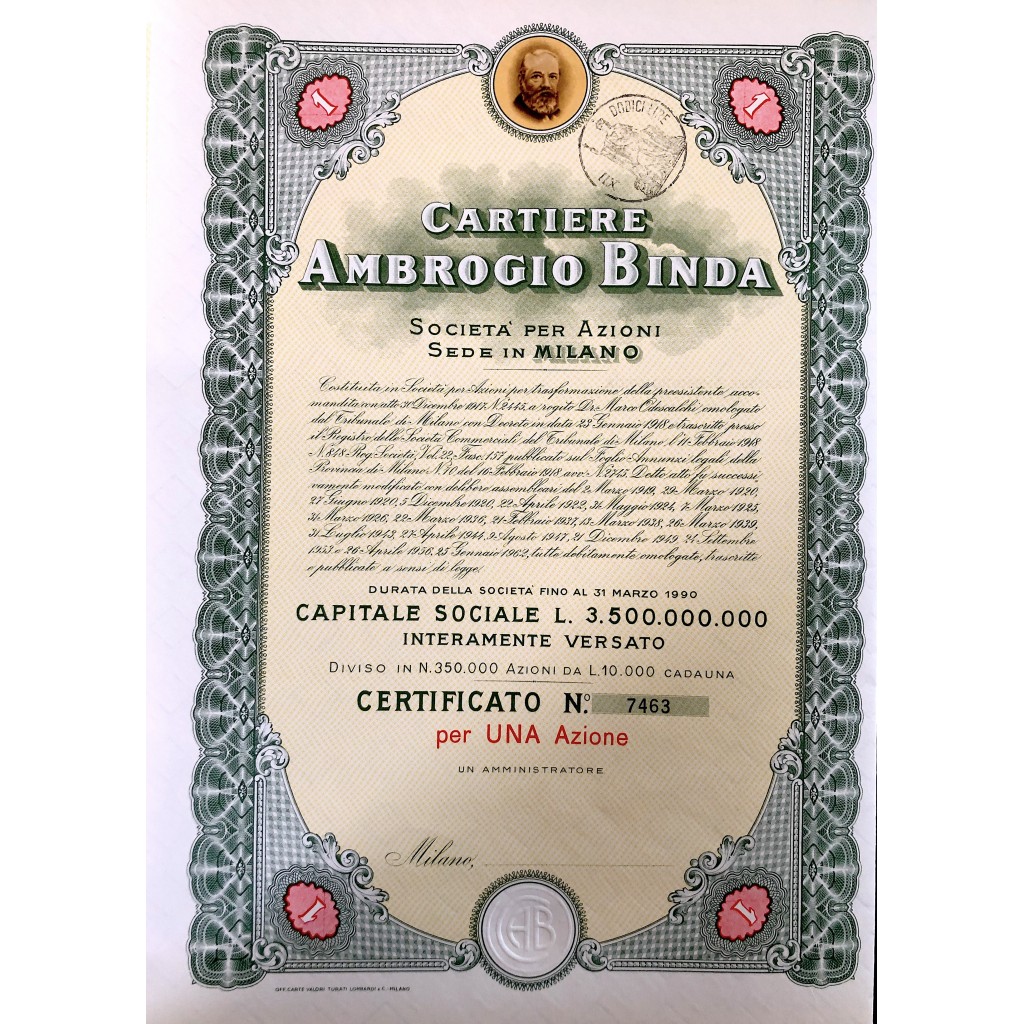 1956 - CARTIERE AMBROGIO BINDA 1 AZIONE - MILANO