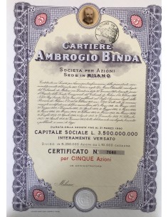 1956 - CARTIERE AMBROGIO BINDA 5 AZIONI - MILANO