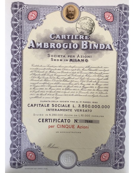 1956 - CARTIERE AMBROGIO BINDA 5 AZIONI - MILANO