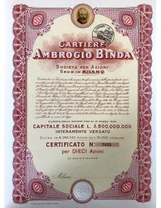 1956 - CARTIERE AMBROGIO BINDA 10 AZIONI - MILANO