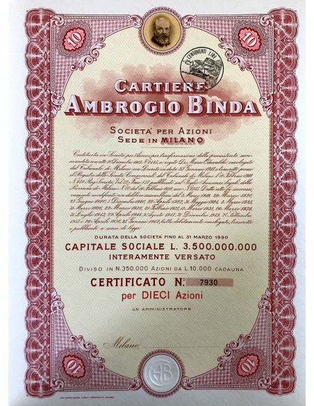 1956 - CARTIERE AMBROGIO BINDA 10 AZIONI - MILANO