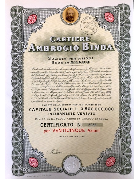 1956 - CARTIERE AMBROGIO BINDA 25 AZIONI - MILANO
