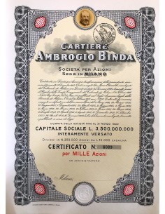 1956 - CARTIERE AMBROGIO BINDA 1.000 AZIONI - MILANO