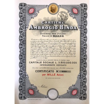 1956 - CARTIERE AMBROGIO BINDA 1.000 AZIONI - MILANO