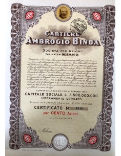 1956 - CARTIERE AMBROGIO BINDA 100 AZIONI - MILANO