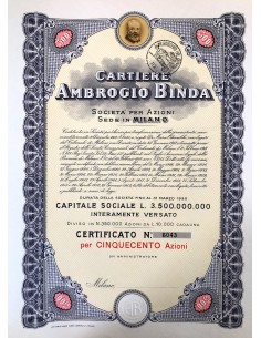 1956 - CARTIERE AMBROGIO BINDA 500 AZIONI - MILANO