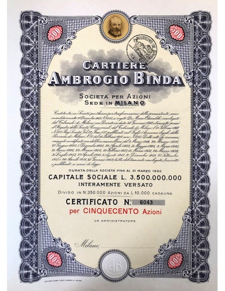 1956 - CARTIERE AMBROGIO BINDA 500 AZIONI - MILANO