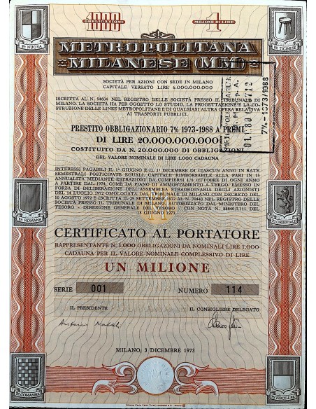 1973 - METROPOLITANA MILANESE (MM) PRESTITO OBBLIGAZIONARIO 7% - MILANO