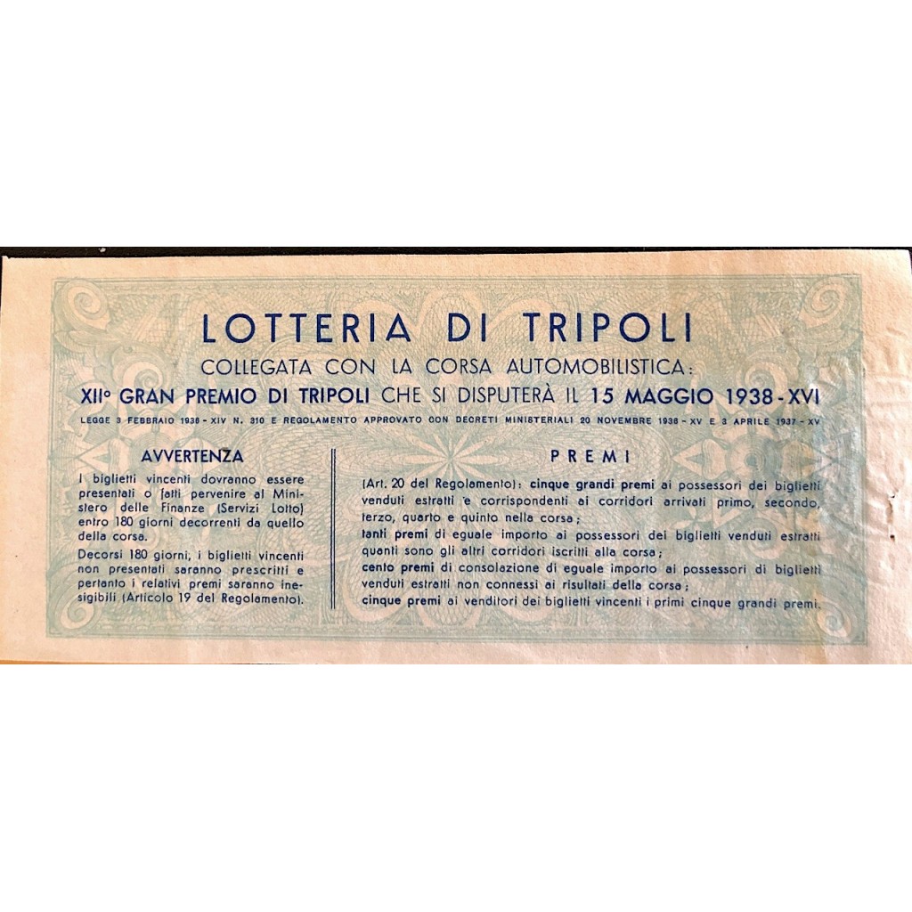 1938 - LOTTERIA DI TRIPOLI MINISTRO DELLE...