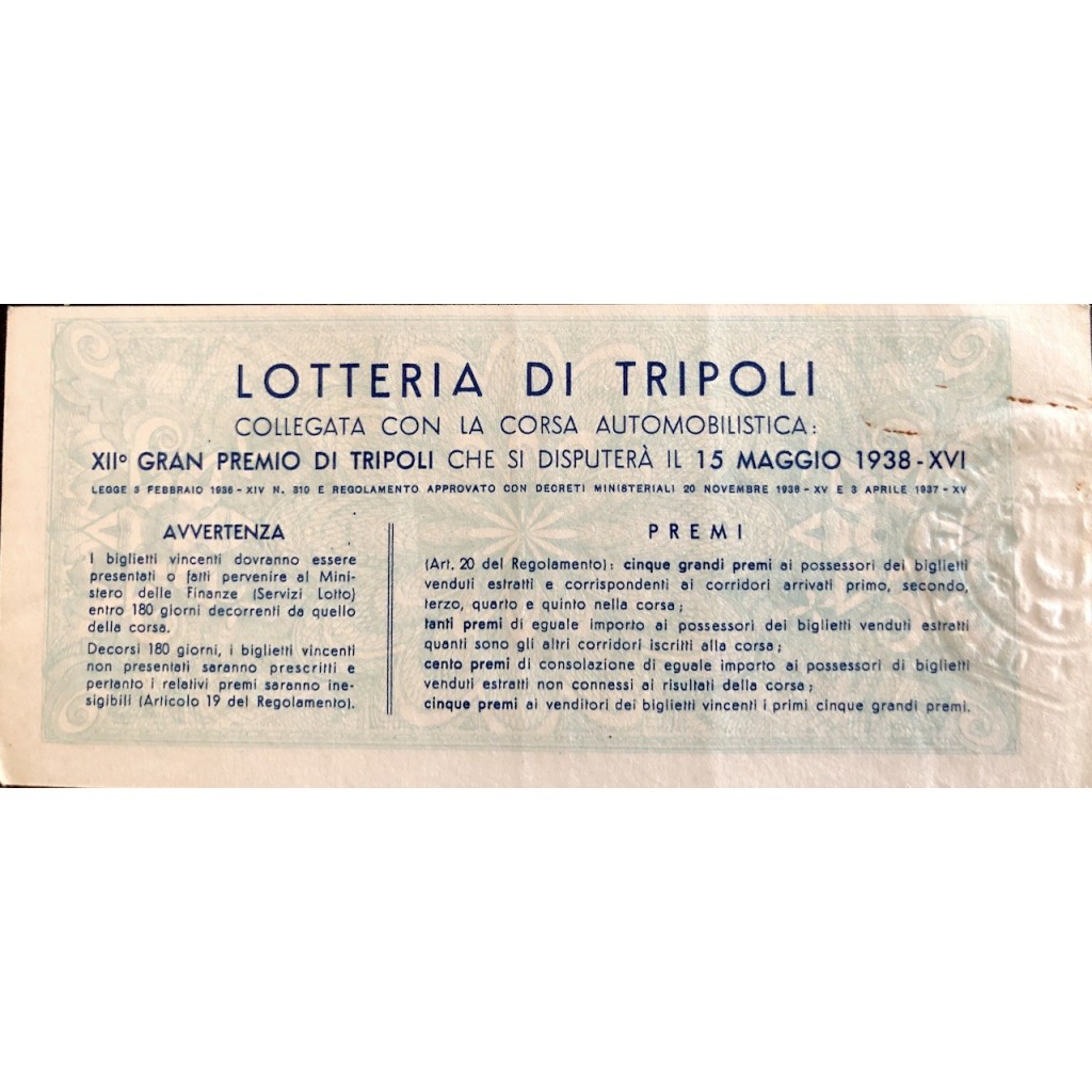 1938 - LOTTERIA DI TRIPOLI MINISTRO DELLE...