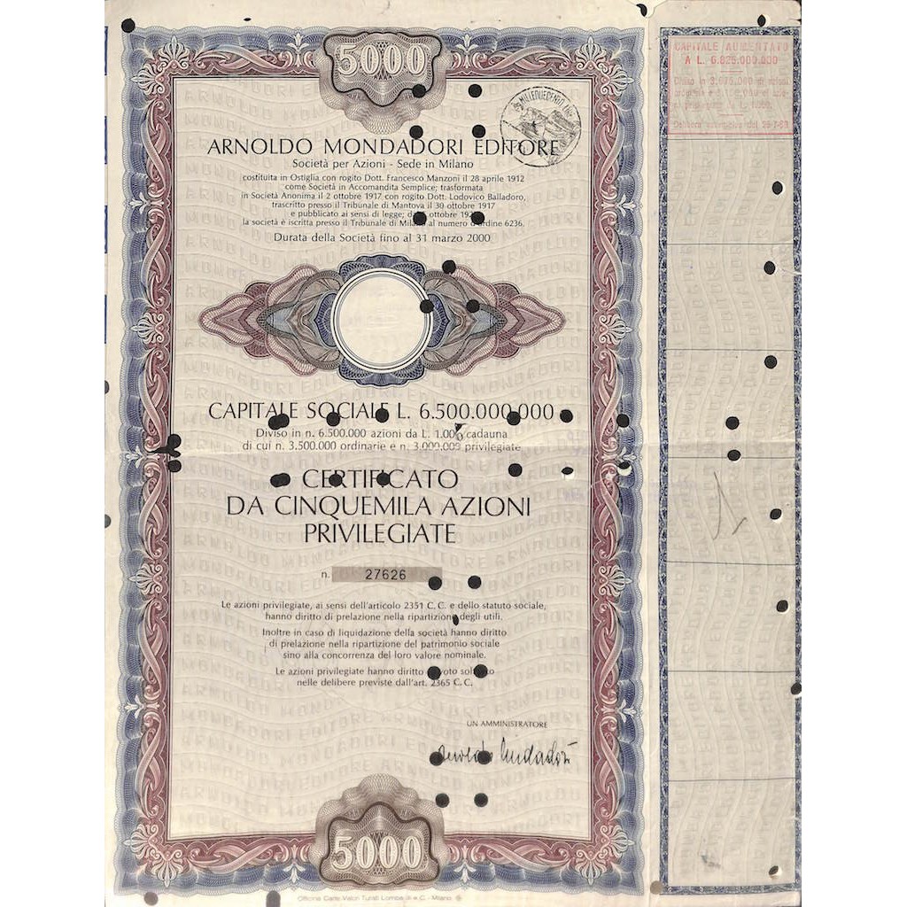 ARNOLDO MONDADORI EDITORE - 5000 AZIONI MILANO 1978
