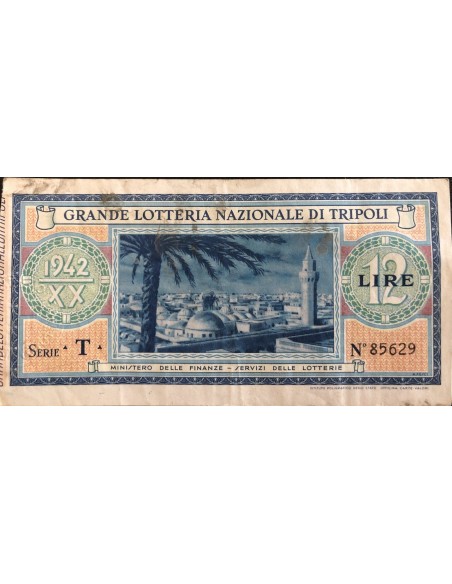 1942 - GRANDE LOTTERIA NAZIONALE DI TRIPOLI LIRE 12 SERIE T N: 85629