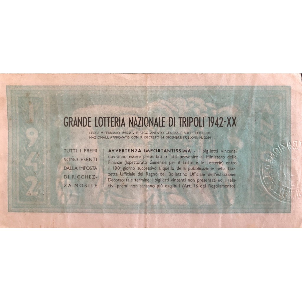 1942 - GRANDE LOTTERIA NAZIONALE DI TRIPOLI...