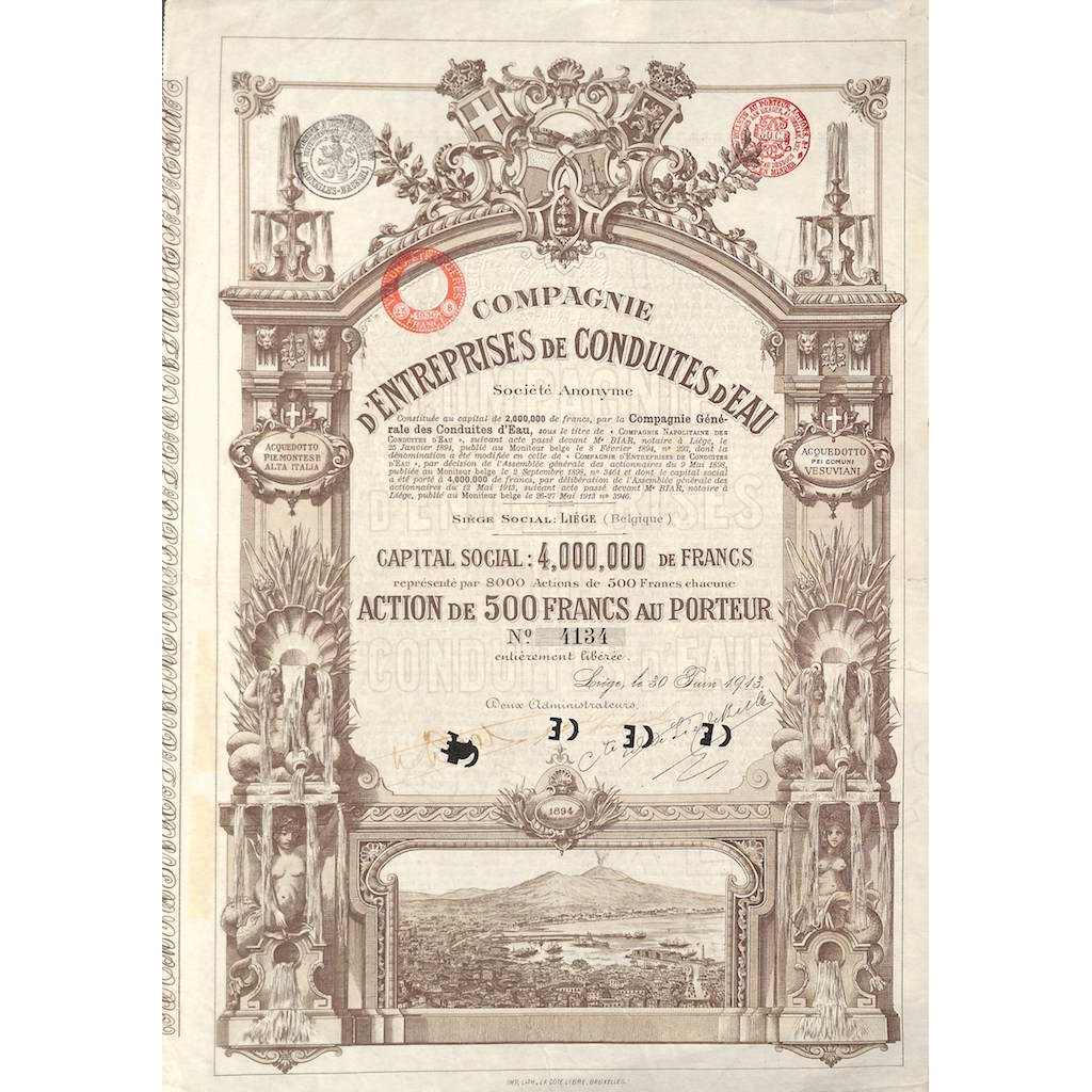COMPAGNIE D'ENTERPRISES DE CONDUITES D'EAU - 1 AZIONE LIEGI 1913