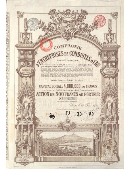 COMPAGNIE D'ENTERPRISES DE CONDUITES D'EAU - 1 AZIONE LIEGI 1913
