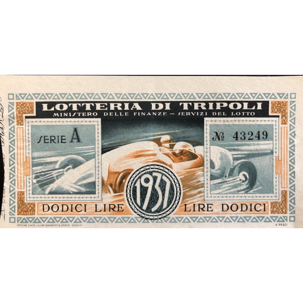 1937 - LOTTERIA DI TRIPOLI LIRE 12 SERIE A N: 43249