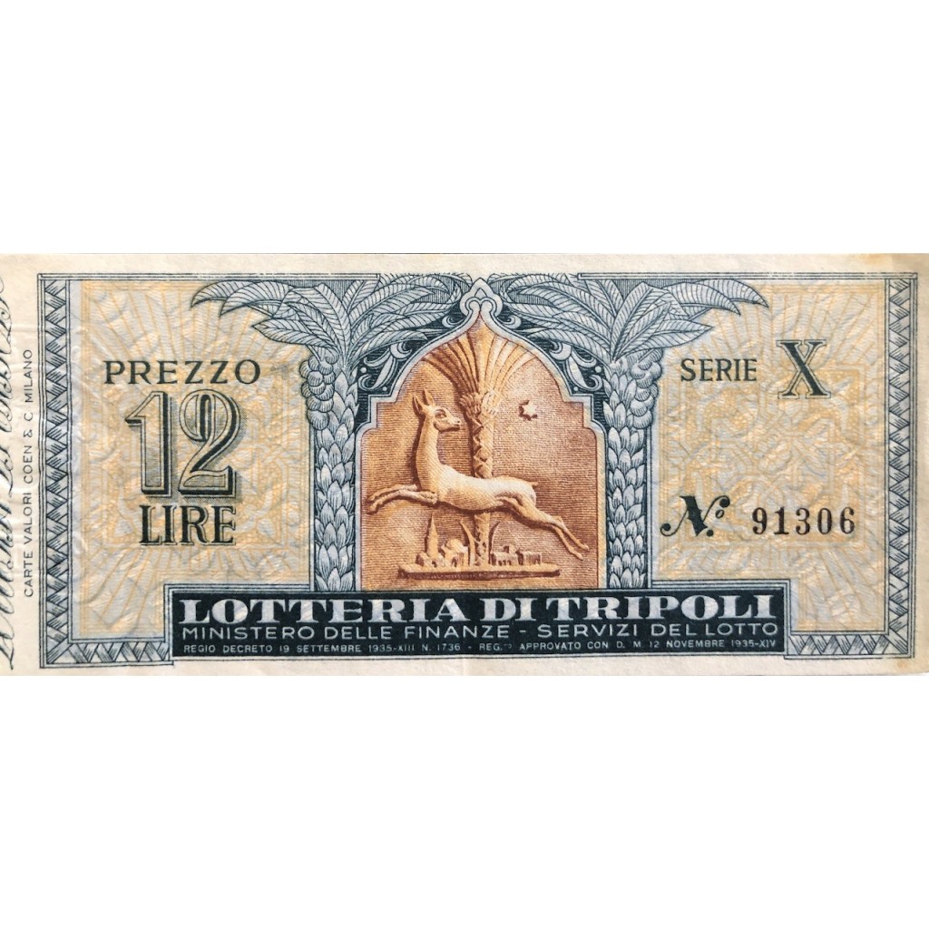 1936 - LOTTERIA DI TRIPOLI LIRE 12 SERIE A N: 91306