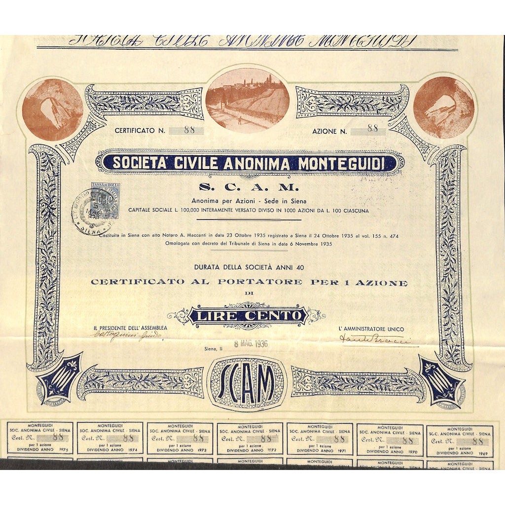 SOC. CIVILE ANONIMA MONTEGUIDI S.C.A.M. - 1 AZIONE SIENA 1936