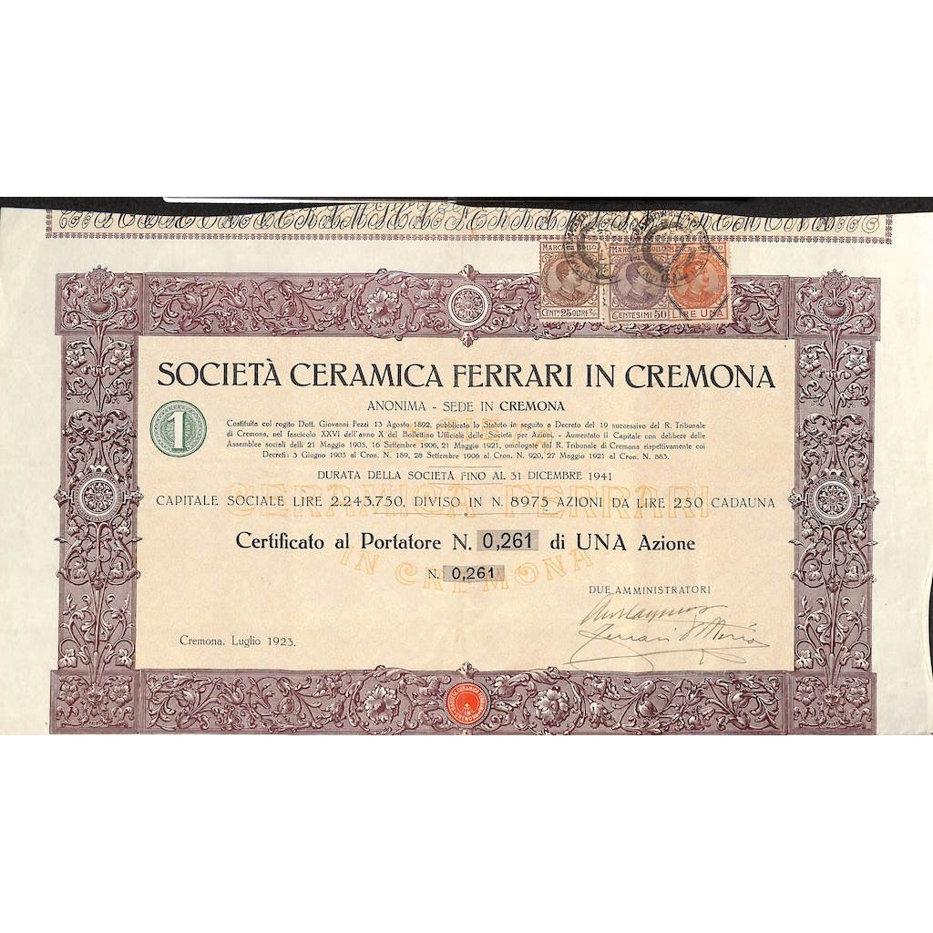 SOC. CERAMICA FERRARI IN CREMONA - UNA AZIONE CREMONA 1923