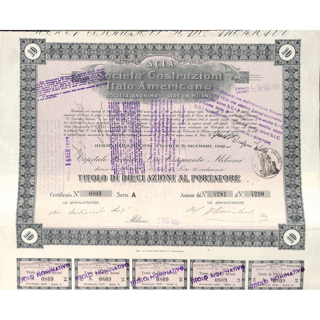 S.C.I.A. SOC. COSTRUZIONI ITALO AMERICANA - 10 AZIONI MILANO 1925