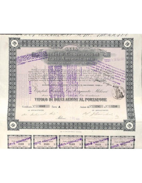 S.C.I.A. SOC. COSTRUZIONI ITALO AMERICANA - 10 AZIONI MILANO 1925