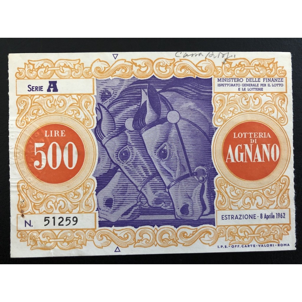 1962 - LOTTERIA DI AGNANO LIRE 500 N: 51259