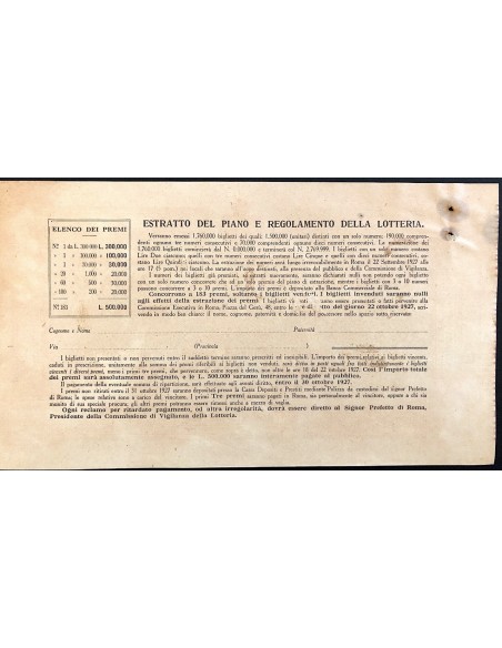 1927 - OPERA PIA PURGATORIO AD ARCO DI NAPOLI GRANDE LOTTERIA ITALIANA LIRE 2 SERIE