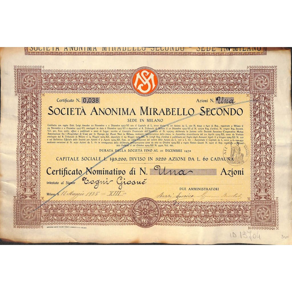 SOC. ANON. MIRABELLO SECONDO - UNA AZIONE MILANO 1935