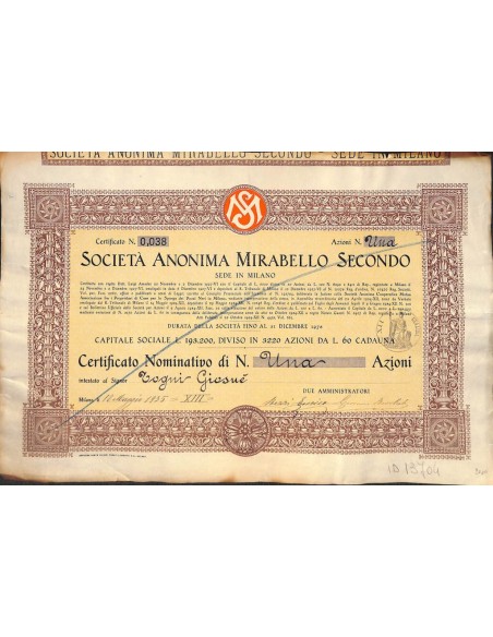 SOC. ANON. MIRABELLO SECONDO - UNA AZIONE MILANO 1935
