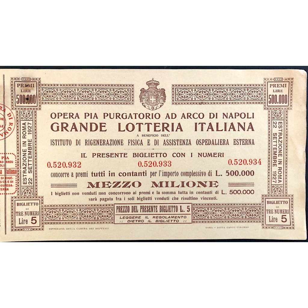 1927 - OPERA PIA PURGATORIO AD ARCO DI NAPOLI GRANDE LOTTERIA ITALIANA LIRE  5 SERIE N: 0.520.