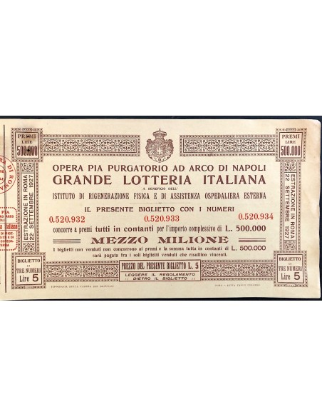 1927 - OPERA PIA PURGATORIO AD ARCO DI NAPOLI GRANDE LOTTERIA ITALIANA LIRE 5 SERIE N: 0.520.934