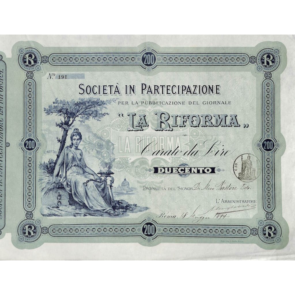 SOC. DI PARTECIPAZIONE PER LA PUBB. DE LA RIFORMA - 1 CARATO ROMA 1894