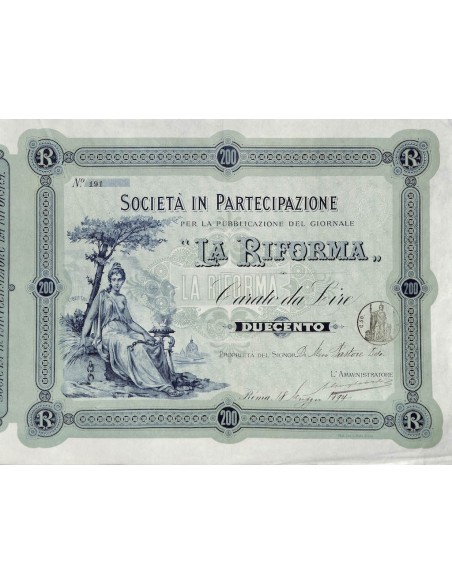 SOC. DI PARTECIPAZIONE PER LA PUBB. DE LA RIFORMA - 1 CARATO ROMA 1894