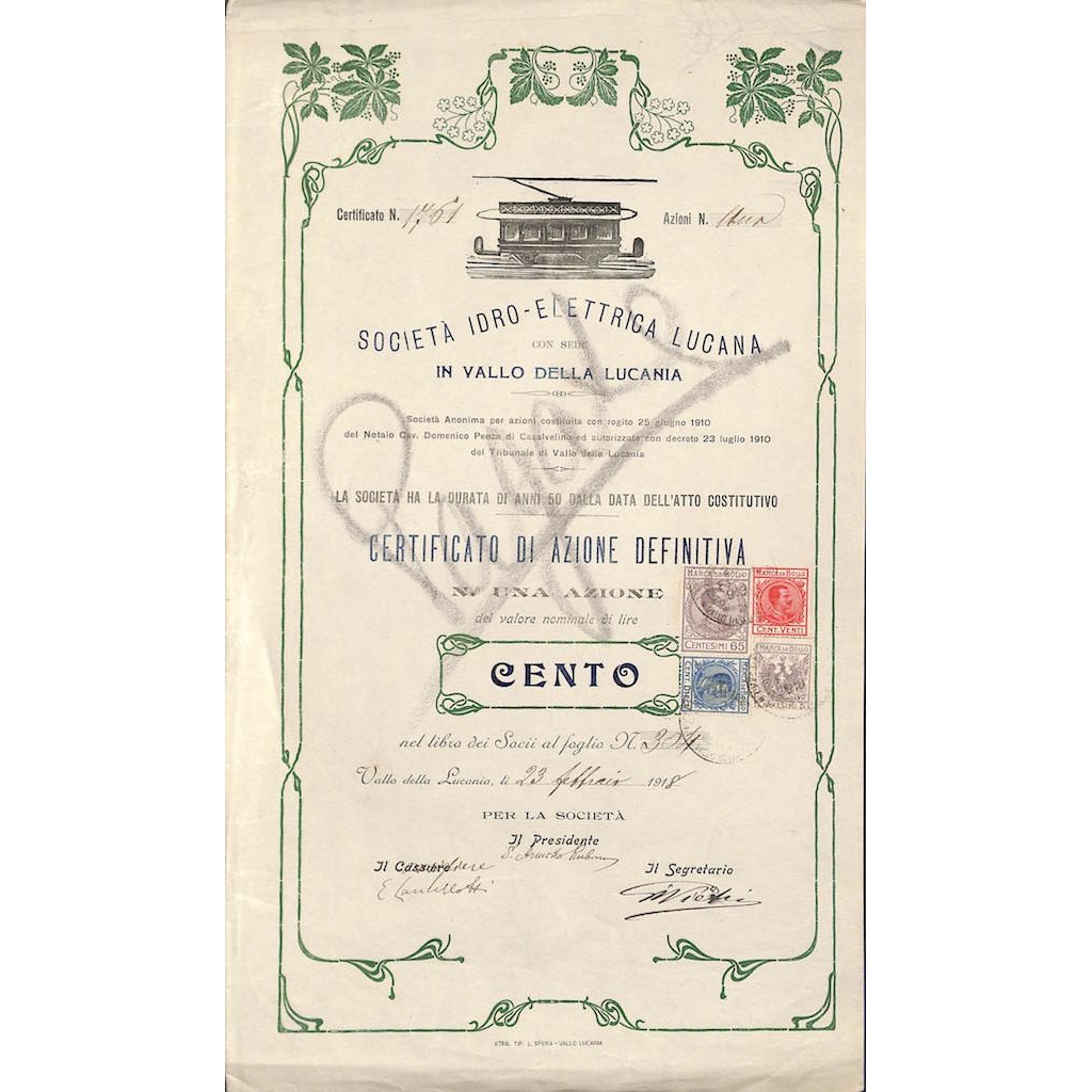 SOC. IDRO-ELETTRICA LUCANA - UNA AZIONE VALLO DELLA LUCANIA 1918