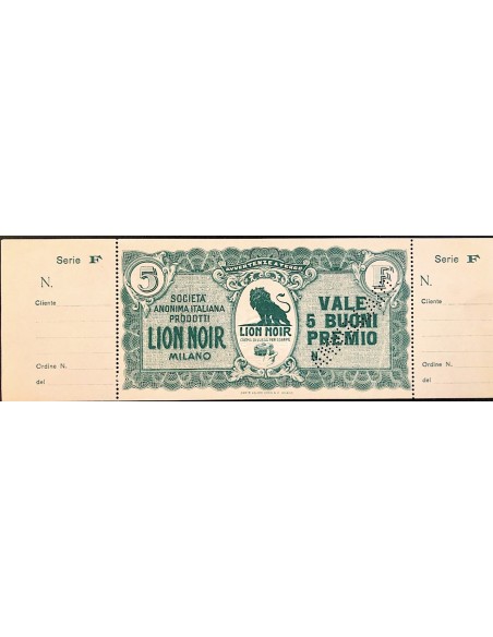 1925 - LION NOIR CREMA DI LUSSO PER SCARPE VALE 5 BUONI PREMIO DISEGNO DI PLINIO CODOGNATO FDS CON MATRICE