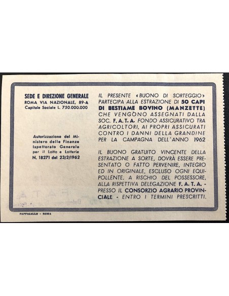 1962 - FATA FONDO ASS.VO AGRICOLTORI - CAMPAGNA GRANDINE BUONO PARTECIPANTE ESTRAZIONE DI 50 CAPI DI BESTIAME BOVINO