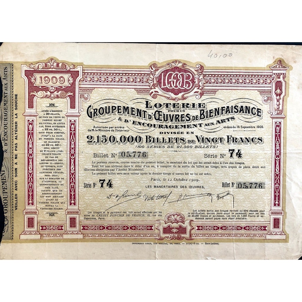 1909 - LOTERIE GROUPEMENT D'OEUVRES DE BIENFAISANCE 20 FRANCS - PARIGI - SERIE 74 N. 05776
