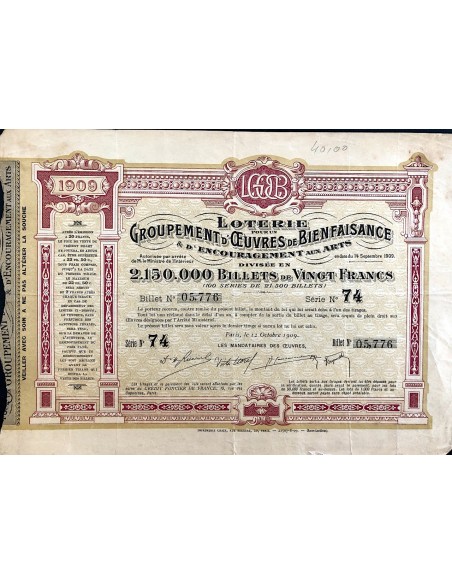 1909 - LOTERIE GROUPEMENT D'OEUVRES DE BIENFAISANCE 20 FRANCS - PARIGI - SERIE 74 N. 05776