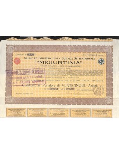 SALINE ED IND. DELLA SOMALIA SETT. MIGIURTINIA - 25 AZIONI MOGADISCIO 1927