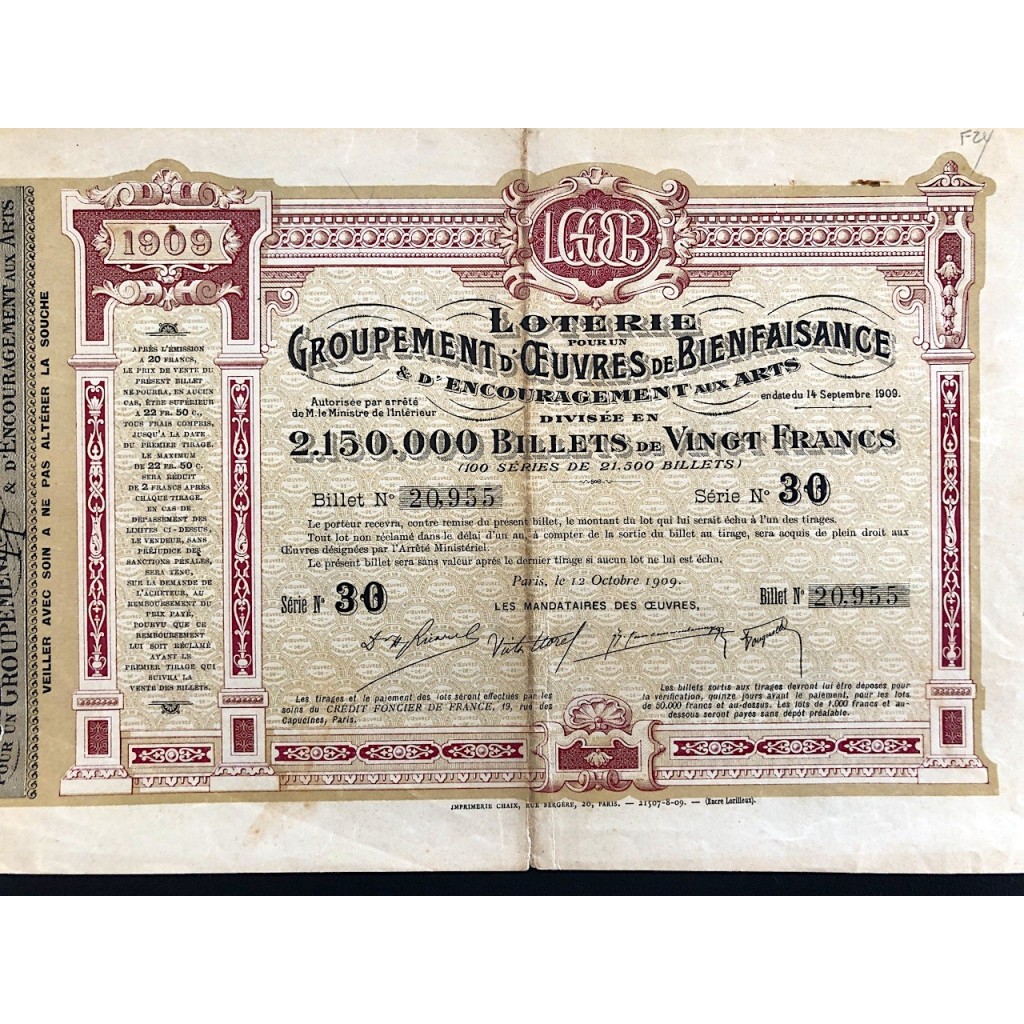 1909 - LOTERIE GROUPEMENT D'OEUVRES DE BIENFAISANCE 20 FRANCS - PARIGI - SERIE 30 N. 20955
