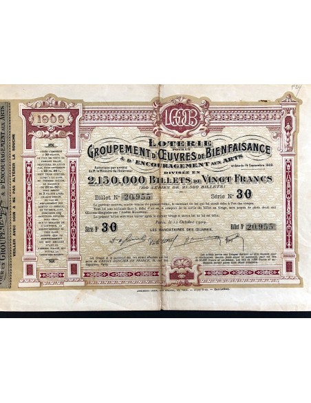 1909 - LOTERIE GROUPEMENT D'OEUVRES DE BIENFAISANCE 20 FRANCS - PARIGI - SERIE 30 N. 20955
