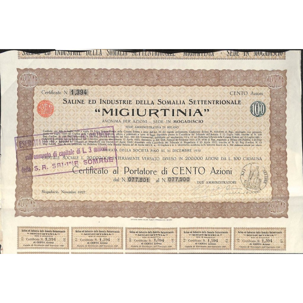 SALINE ED IND. DELLA SOMALIA SETT. MIGIURTINIA - 100 AZIONI MOGADISCIO 1927