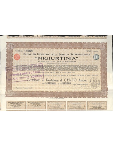 SALINE ED IND. DELLA SOMALIA SETT. MIGIURTINIA - 100 AZIONI MOGADISCIO 1927